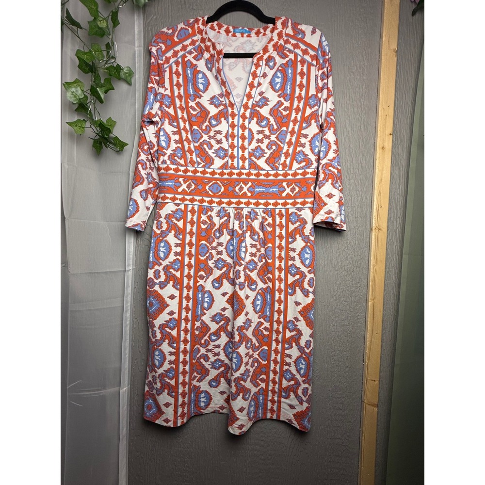 J. McLaughlin Catalina Cloth Dress Orange Blue Ikat  Split Neck Large‎